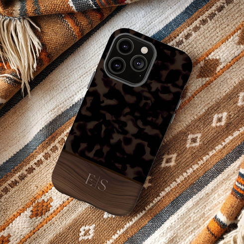Custom Wood Initials Dark Tortoiseshell iPhone Case